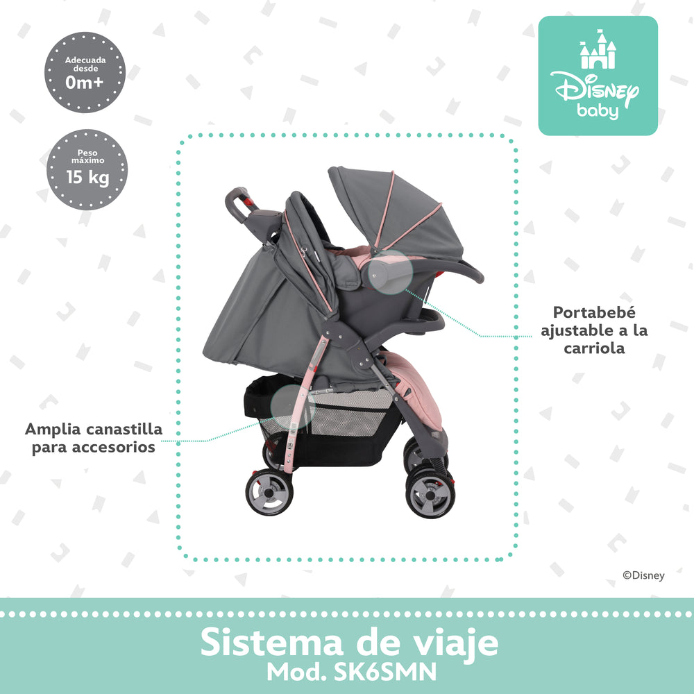 Carriola Travel System Disney, Mickey, Minnie, Stitch, Con Portabebé Y Charola, Infanti
