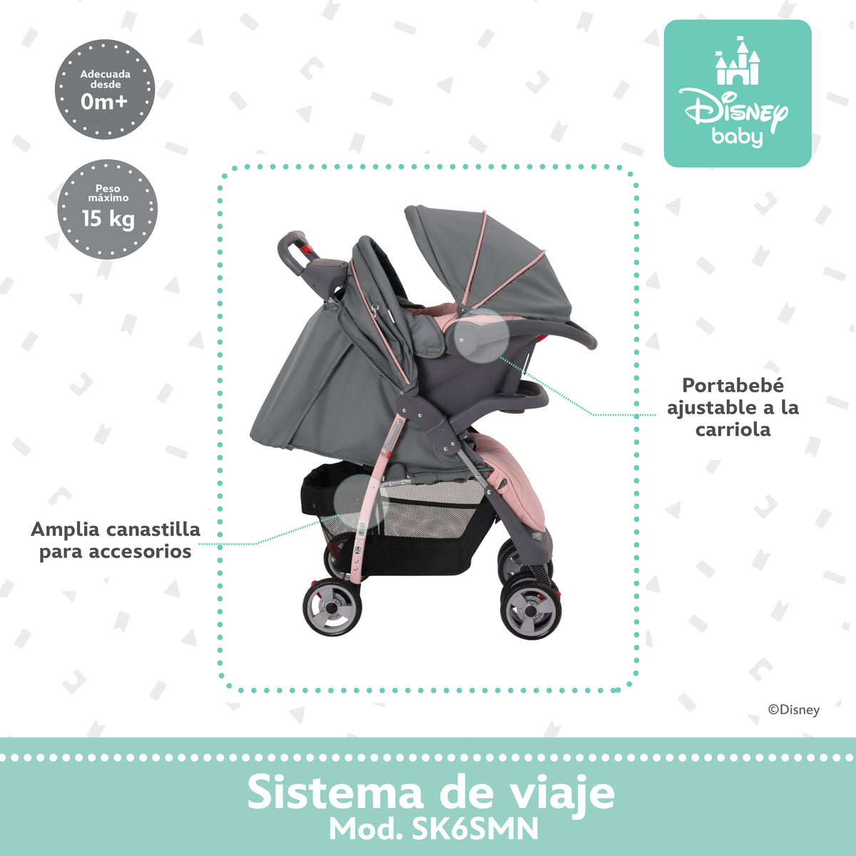 Carriola Travel System Disney, Mickey, Minnie, Stitch, Con Portabebé Y Charola, Infanti