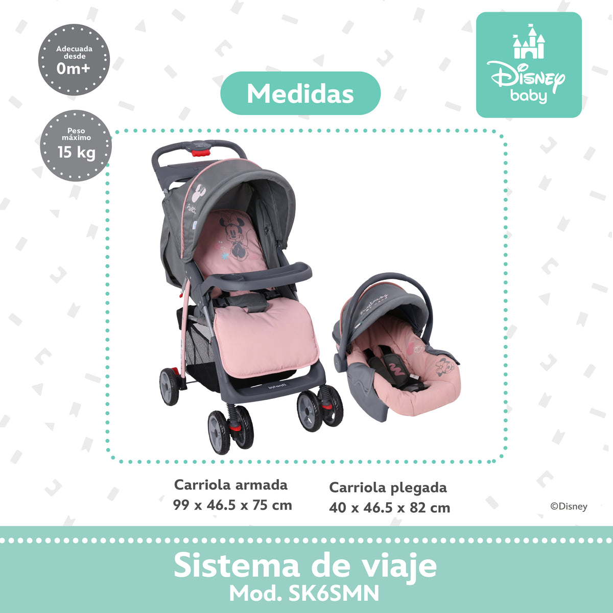Carriola Travel System Disney, Mickey, Minnie, Stitch, Con Portabebé Y Charola, Infanti