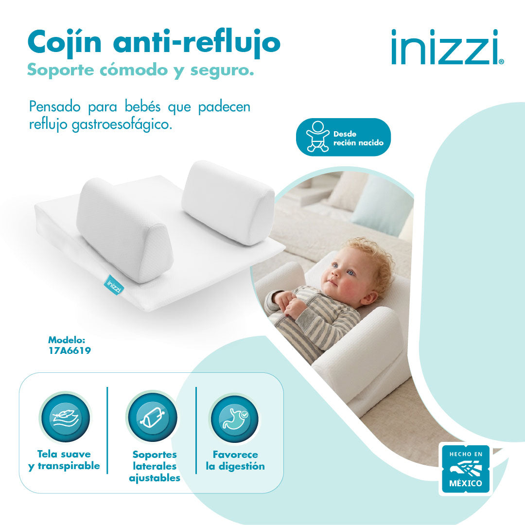 Cojín Antirreflujo para Bebé desde Recién Nacido, Blanco, Diseño Ergonómico con Inclinación, Soportes Ajustables y Tela Transpirable, Inizzi