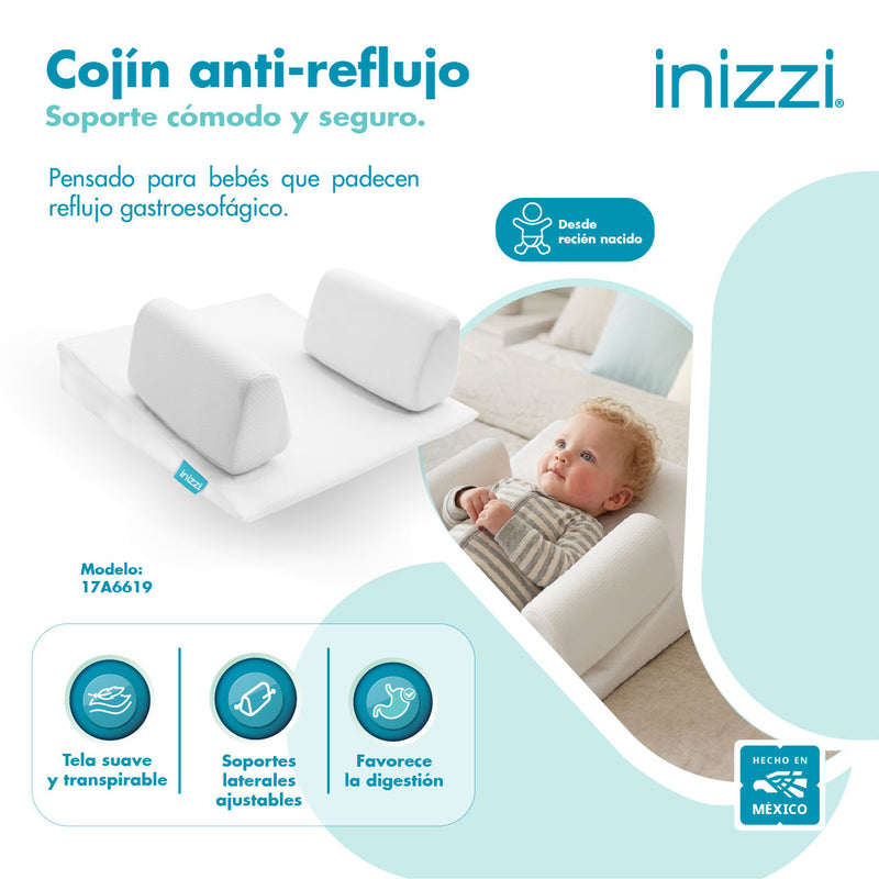 Cojín Antirreflujo para Bebé desde Recién Nacido, Blanco, Diseño Ergonómico con Inclinación, Soportes Ajustables y Tela Transpirable, Inizzi