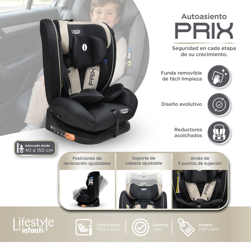 Autoasiento Reclinable Prix Con Soporte Desmontable Para La Cabeza Arnés De Seguridad De 5 Puntos Aprobado Por La Regulación R129 (i-Size) Edad Recomendada 0 a 12 años Lifestyle By Infanti