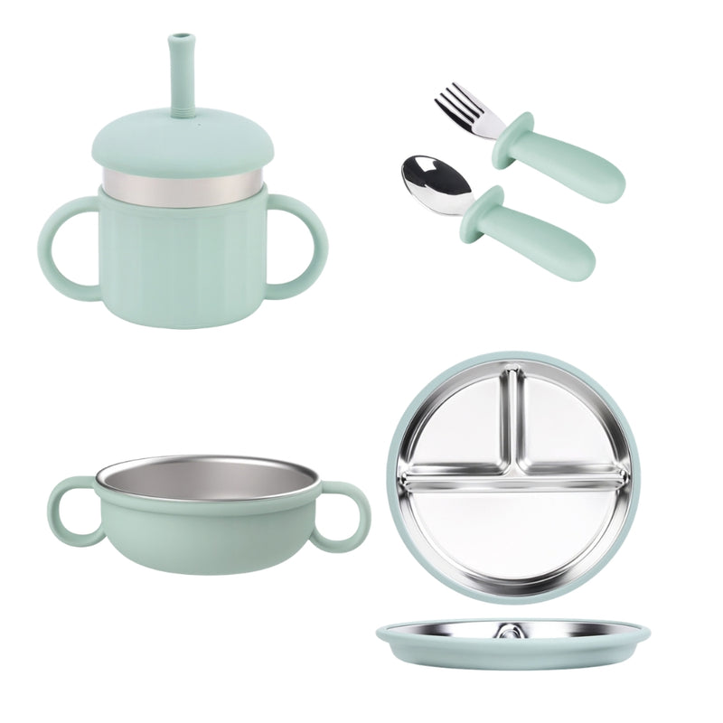 Kit de Alimentación para Bebé de 4 Piezas: Plato, Tazón, Vaso con Popote, Cuchara y Tenedor