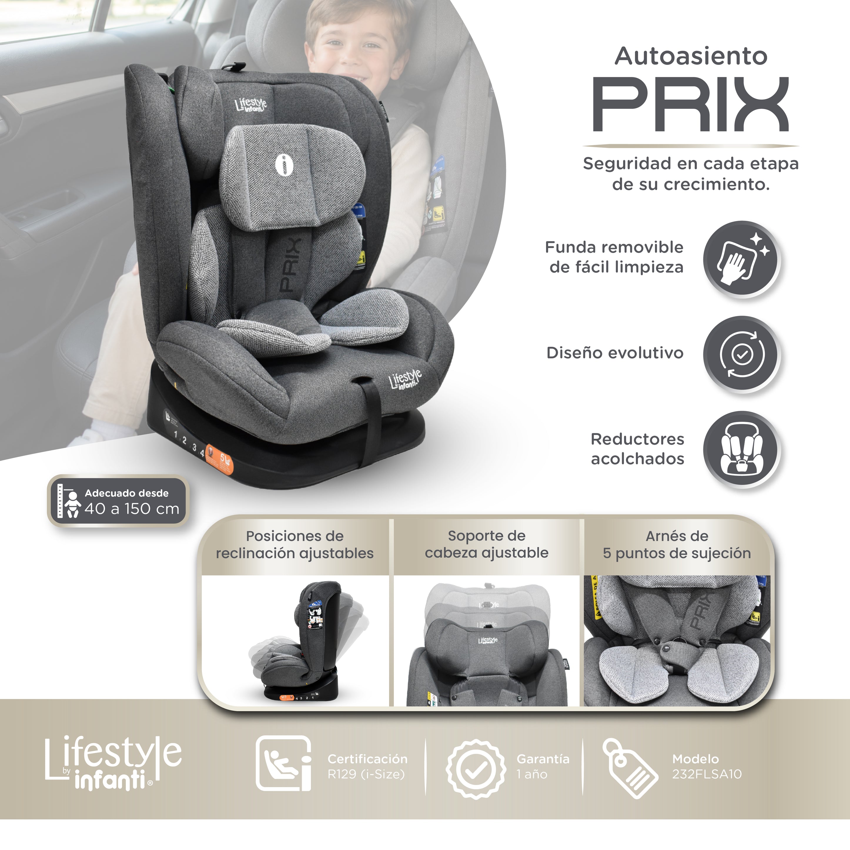 Autoasiento Reclinable Prix Con Soporte Desmontable Para La Cabeza Arnés De Seguridad De 5 Puntos Aprobado Por La Regulación R129 (i-Size) Edad Recomendada 0 a 12 años Lifestyle By Infanti