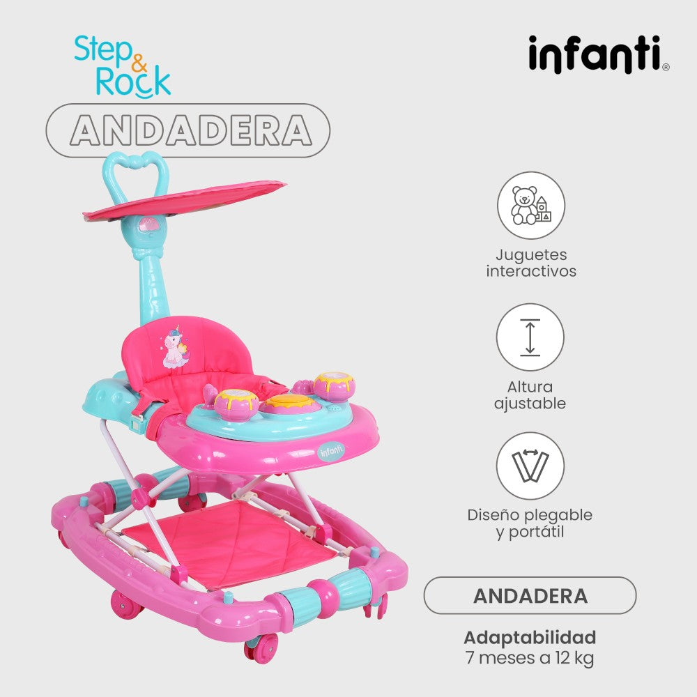 Andadera Step And Rock Mecedora Infanti Con Charola Electrónica Barra de Empuje