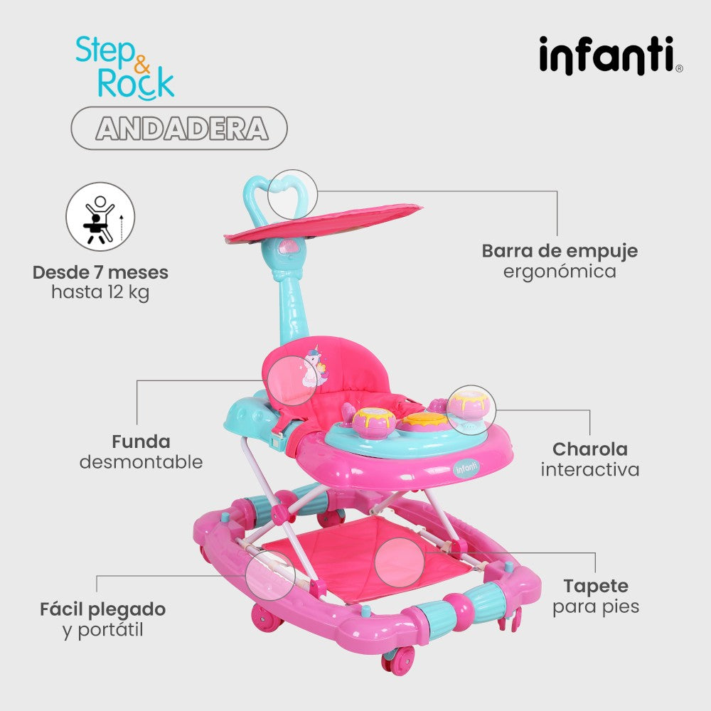 Andadera Step And Rock Mecedora Infanti Con Charola Electrónica Barra de Empuje