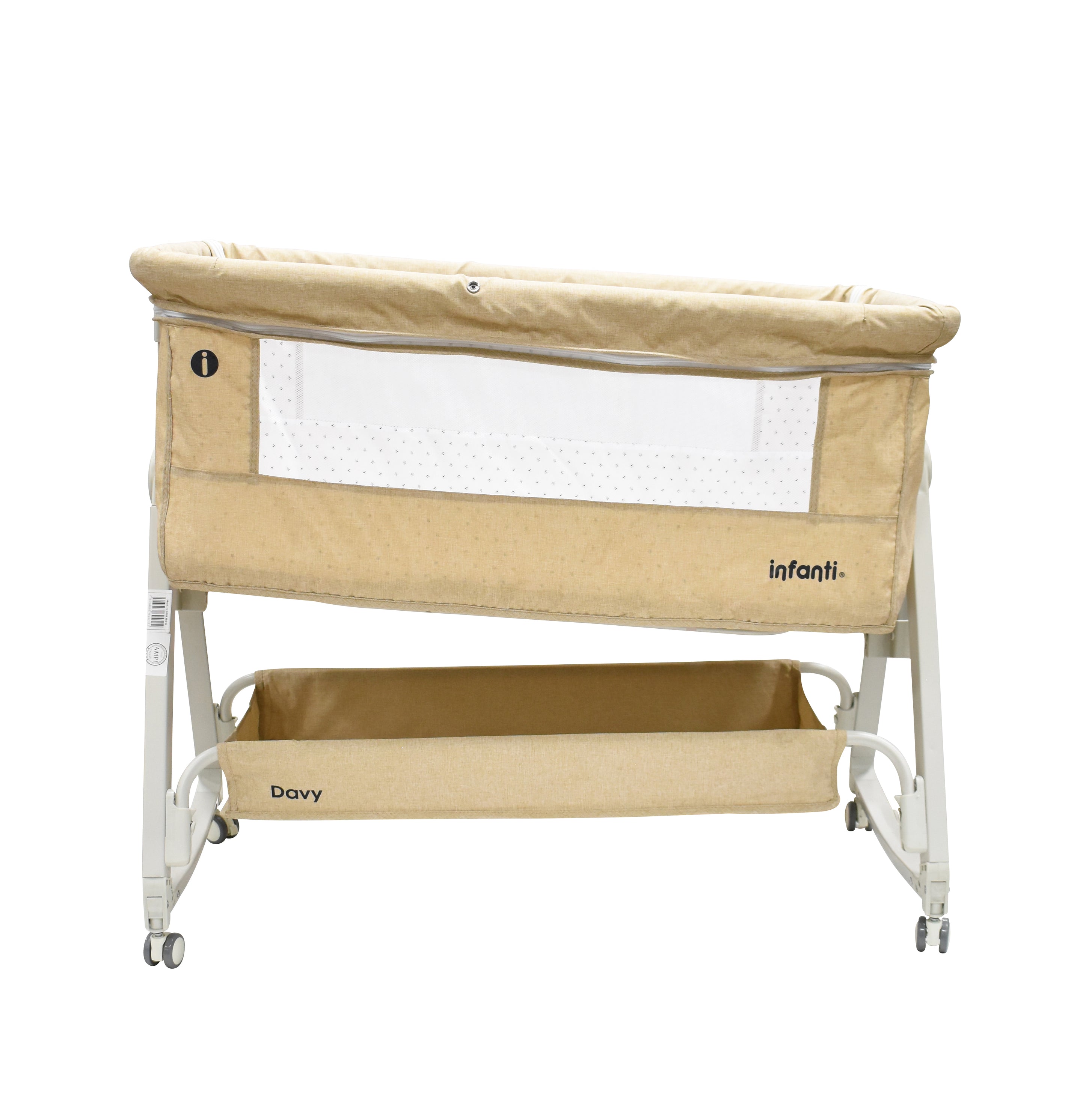 Cuna de Colecho Davy Beige Con Mosquitero y Toldo, Mecedora, Colchoneta, Lateral Abatible, Correas de Seguridad, Alturas Ajustables, Inclinación Antirreflujo, Estructura de Metal, Hasta 15 kg, Infanti