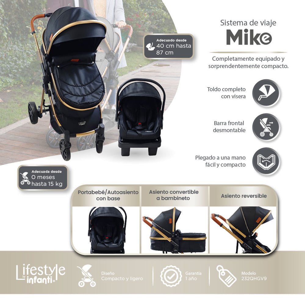 Carriola Travel System Mike Con Bambineto Reversible y Portabebé Grupo 0+