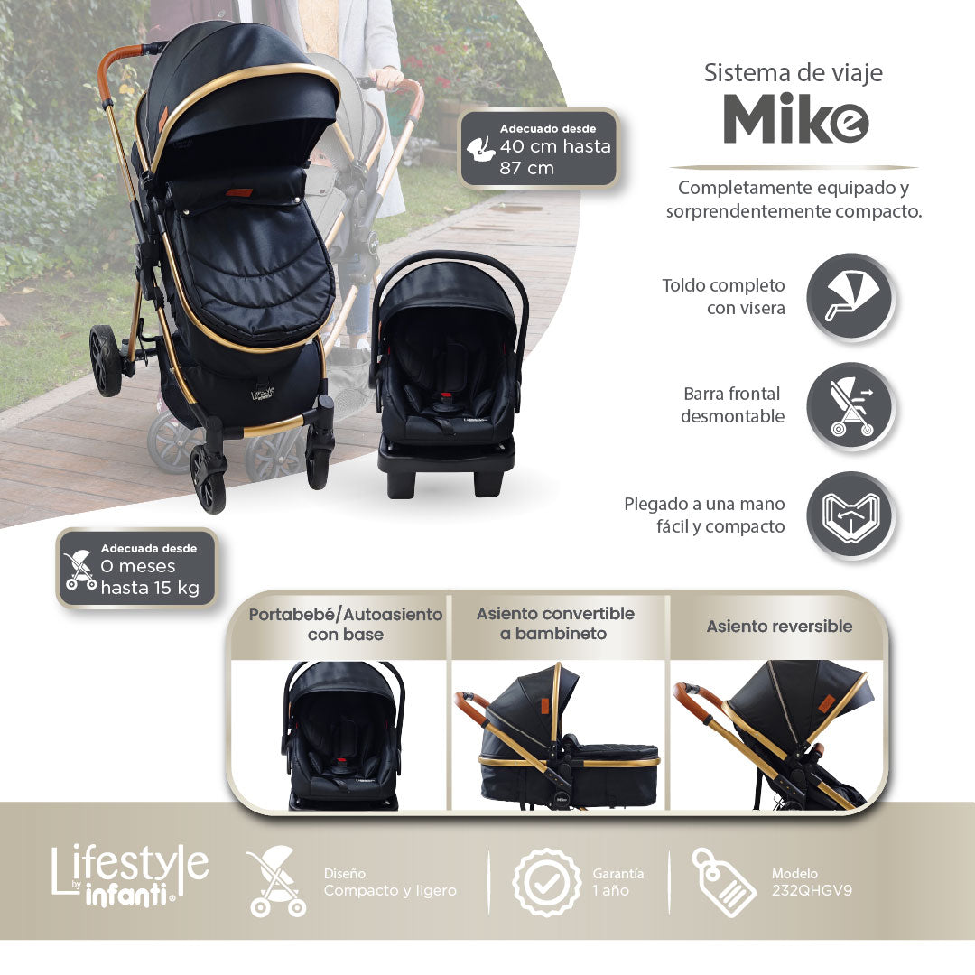 Carriola Travel System Mike Con Bambineto Reversible y Portabebé Grupo 0+