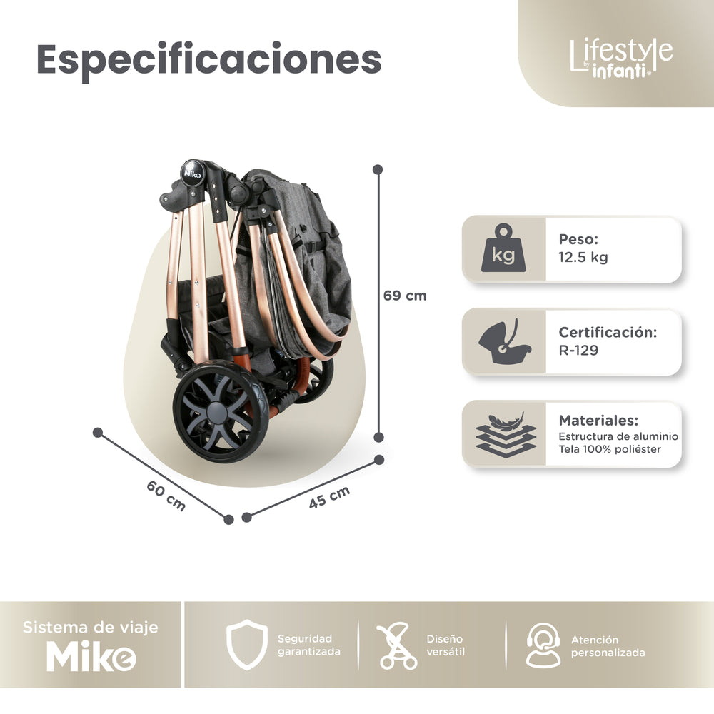 Carriola Travel System Mike Con Bambineto Reversible y Portabebé Grupo 0+
