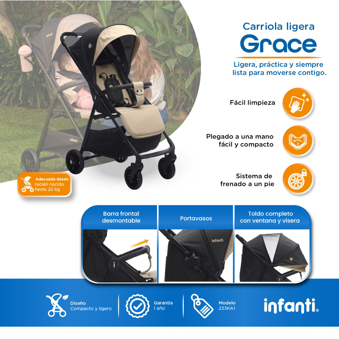Carriola Grace Arena Con Toldo Completo Plegado Fácil Compacto Soporta Hasta 22 kg, Infanti