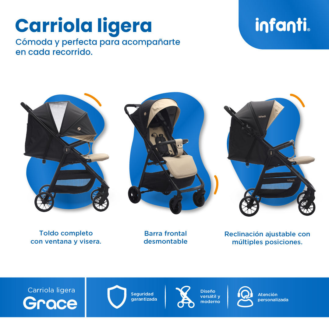 Carriola Grace Arena Con Toldo Completo Plegado Fácil Compacto Soporta Hasta 22 kg, Infanti