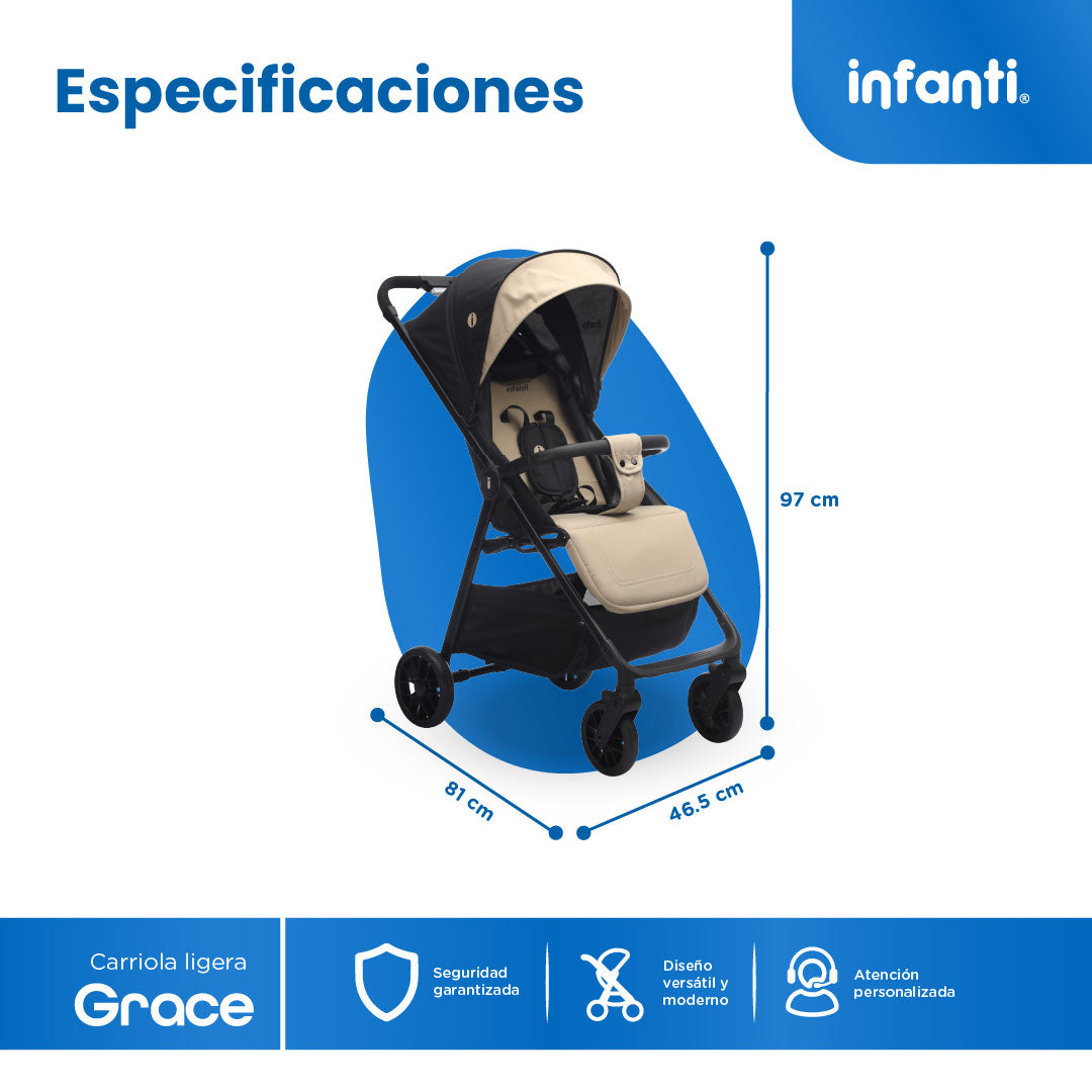 Carriola Grace Arena Con Toldo Completo Plegado Fácil Compacto Soporta Hasta 22 kg, Infanti