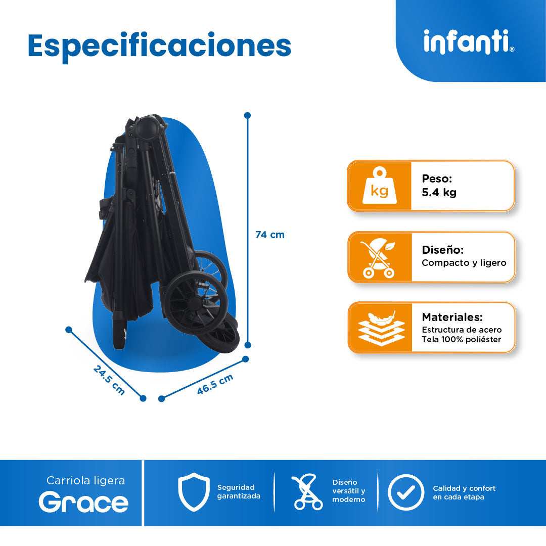 Carriola Grace Arena Con Toldo Completo Plegado Fácil Compacto Soporta Hasta 22 kg, Infanti