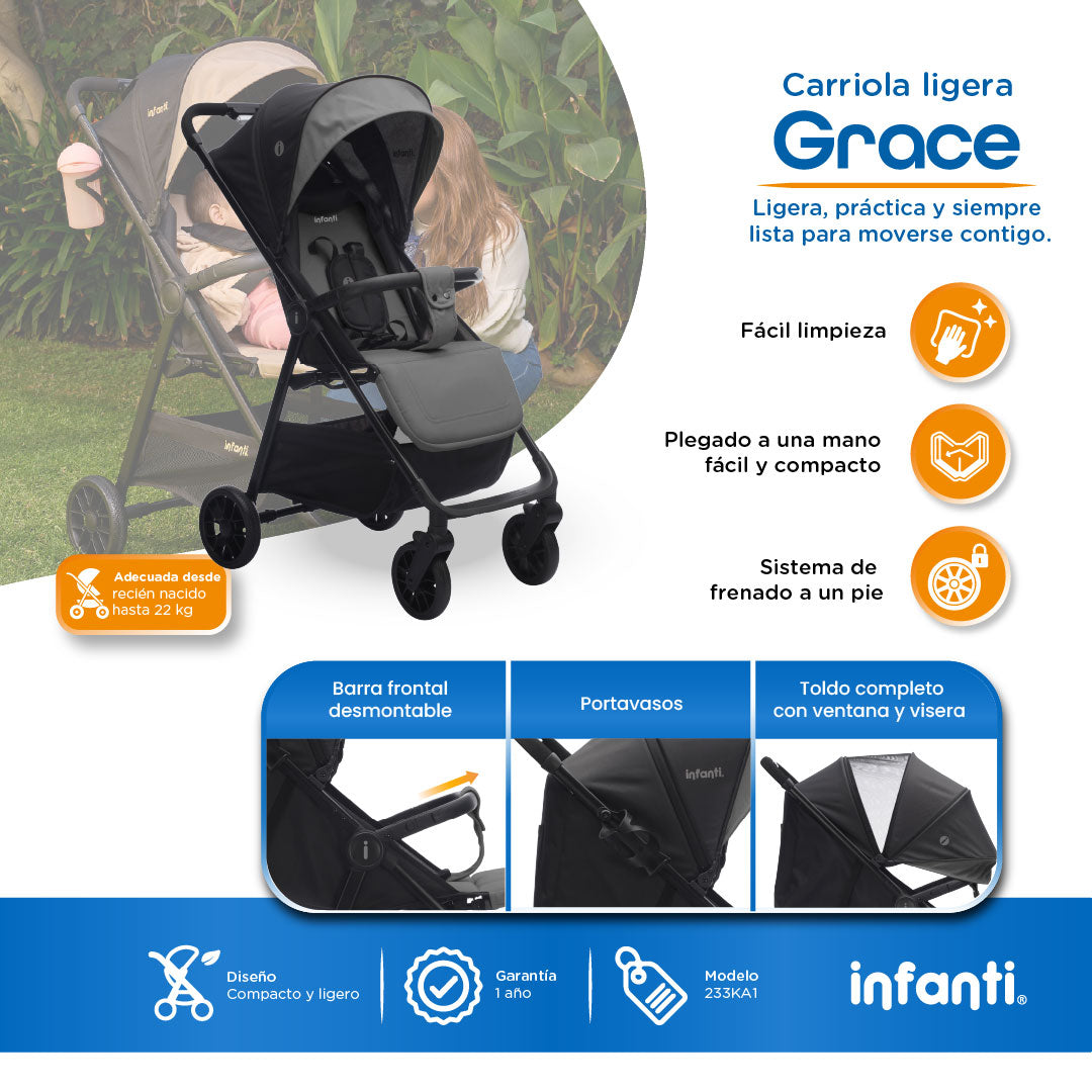 Carriola Grace Arena Con Toldo Completo Plegado Fácil Compacto Soporta Hasta 22 kg, Infanti