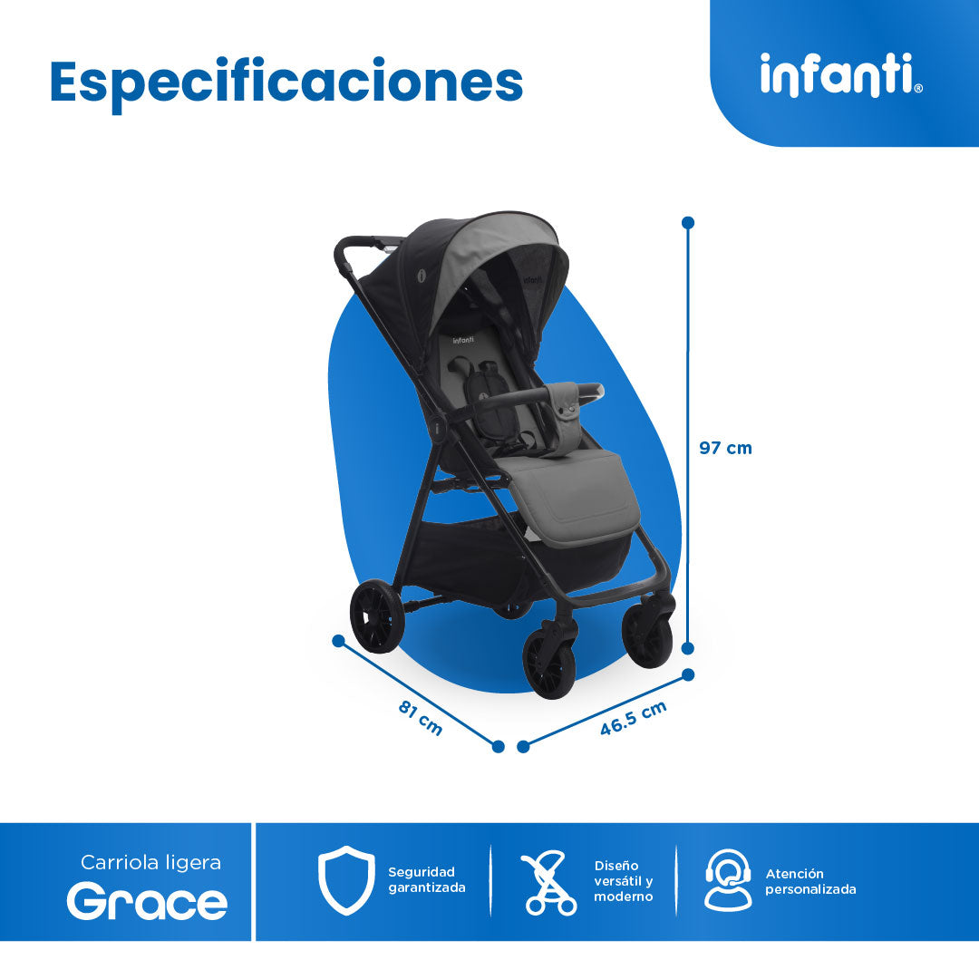 Carriola Grace Arena Con Toldo Completo Plegado Fácil Compacto Soporta Hasta 22 kg, Infanti