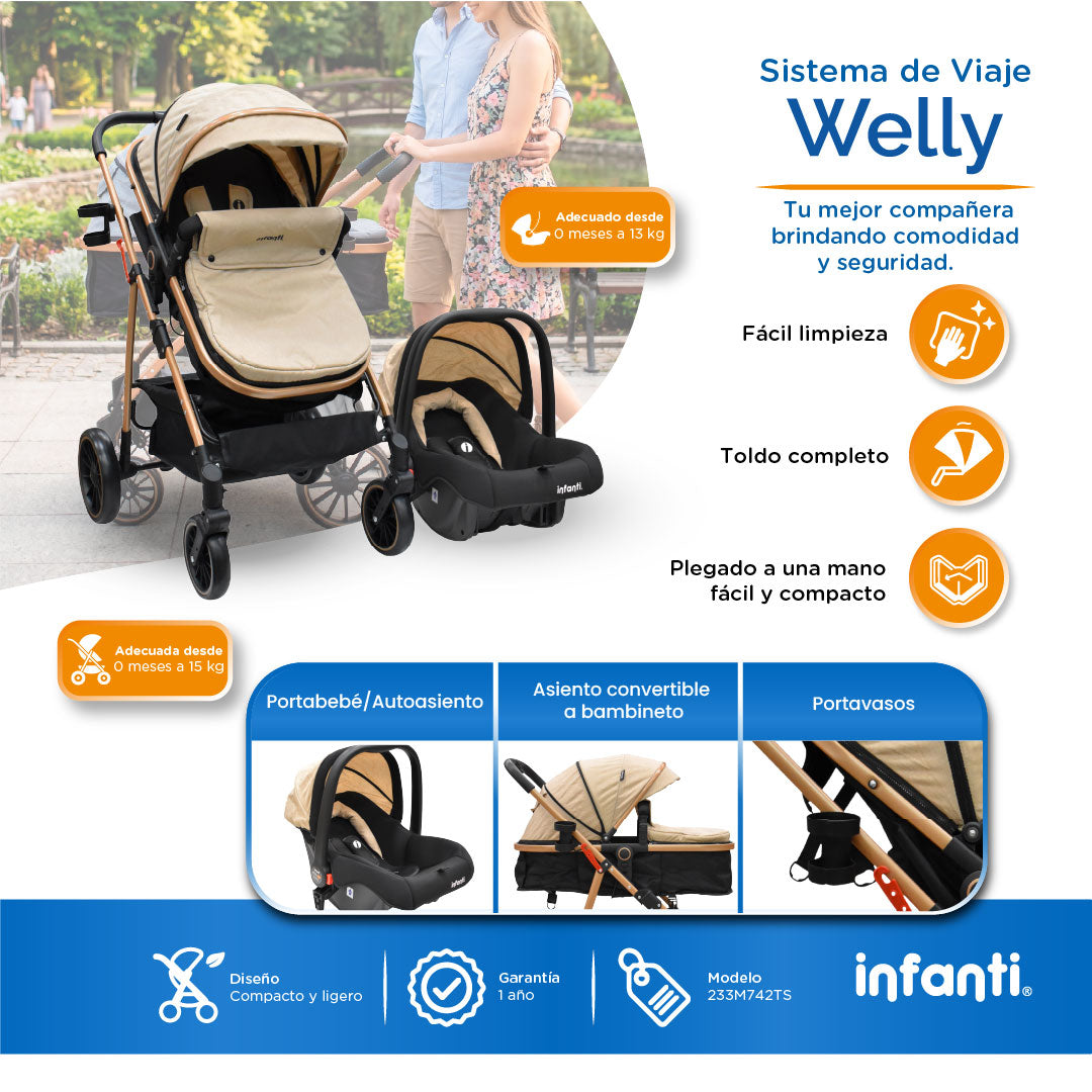 Carriola Sistema de Viaje Welly Convertible a Bambineto Negro con Portabebé Grupo0+, Asiento Reversible, Reclinado Ajustable, Arnés de 5 Puntos, Toldo Plegable, Cubrepiés y Canastilla Amplia para Bebé