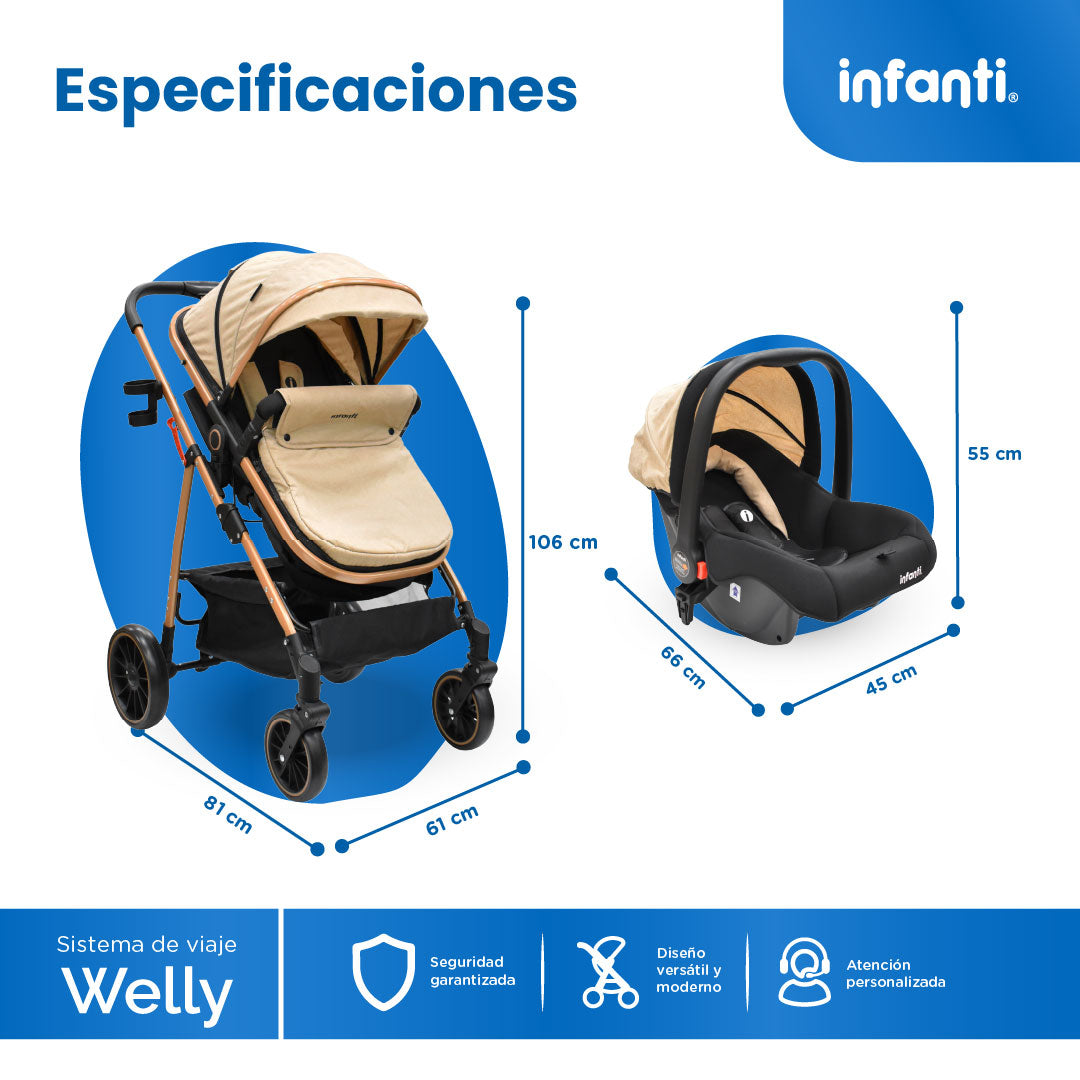 Carriola Sistema de Viaje Welly Convertible a Bambineto Negro con Portabebé Grupo0+, Asiento Reversible, Reclinado Ajustable, Arnés de 5 Puntos, Toldo Plegable, Cubrepiés y Canastilla Amplia para Bebé