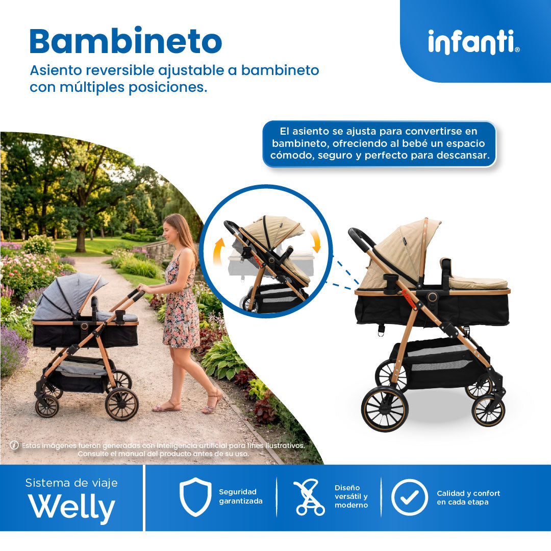 Carriola Sistema de Viaje Welly Convertible a Bambineto Negro con Portabebé Grupo0+, Asiento Reversible, Reclinado Ajustable, Arnés de 5 Puntos, Toldo Plegable, Cubrepiés y Canastilla Amplia para Bebé