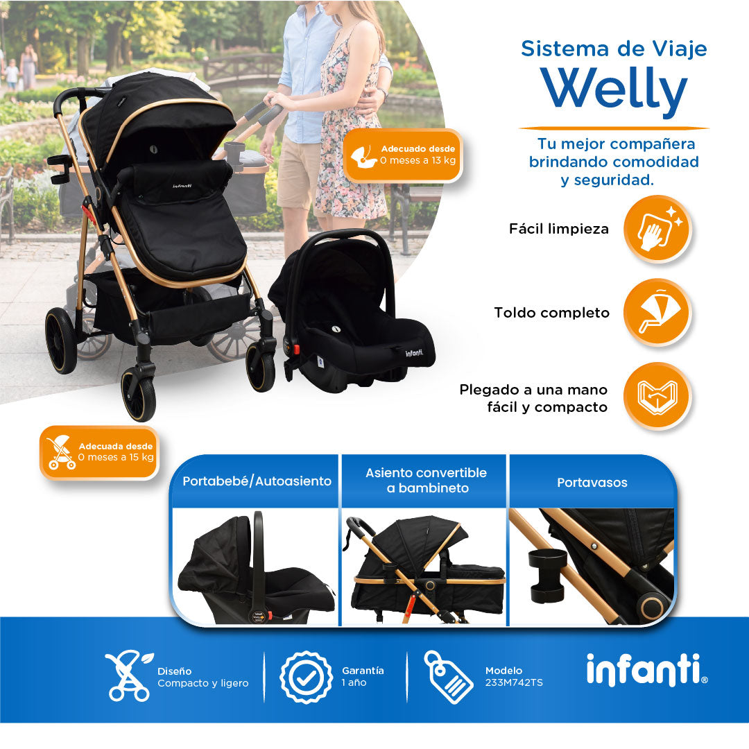 Carriola Sistema de Viaje Welly Convertible a Bambineto Negro con Portabebé Grupo0+, Asiento Reversible, Reclinado Ajustable, Arnés de 5 Puntos, Toldo Plegable, Cubrepiés y Canastilla Amplia para Bebé