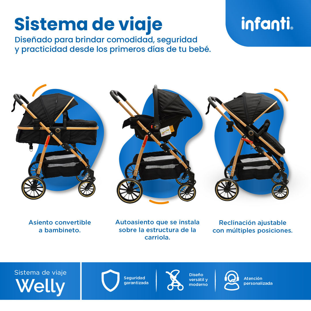 Carriola Sistema de Viaje Welly Convertible a Bambineto Negro con Portabebé Grupo0+, Asiento Reversible, Reclinado Ajustable, Arnés de 5 Puntos, Toldo Plegable, Cubrepiés y Canastilla Amplia para Bebé