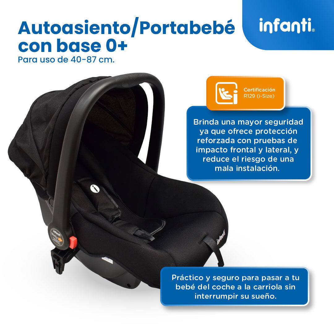 Carriola Sistema de Viaje Welly Convertible a Bambineto Negro con Portabebé Grupo0+, Asiento Reversible, Reclinado Ajustable, Arnés de 5 Puntos, Toldo Plegable, Cubrepiés y Canastilla Amplia para Bebé