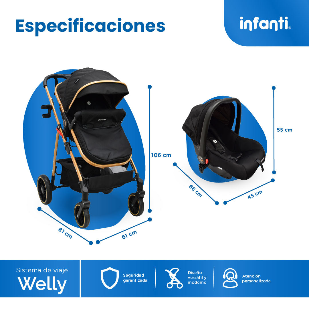 Carriola Sistema de Viaje Welly Convertible a Bambineto Negro con Portabebé Grupo0+, Asiento Reversible, Reclinado Ajustable, Arnés de 5 Puntos, Toldo Plegable, Cubrepiés y Canastilla Amplia para Bebé