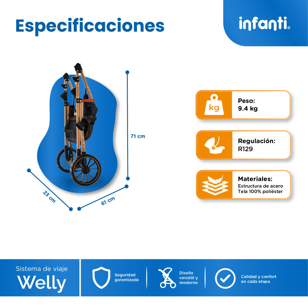 Carriola Sistema de Viaje Welly Convertible a Bambineto Negro con Portabebé Grupo0+, Asiento Reversible, Reclinado Ajustable, Arnés de 5 Puntos, Toldo Plegable, Cubrepiés y Canastilla Amplia para Bebé