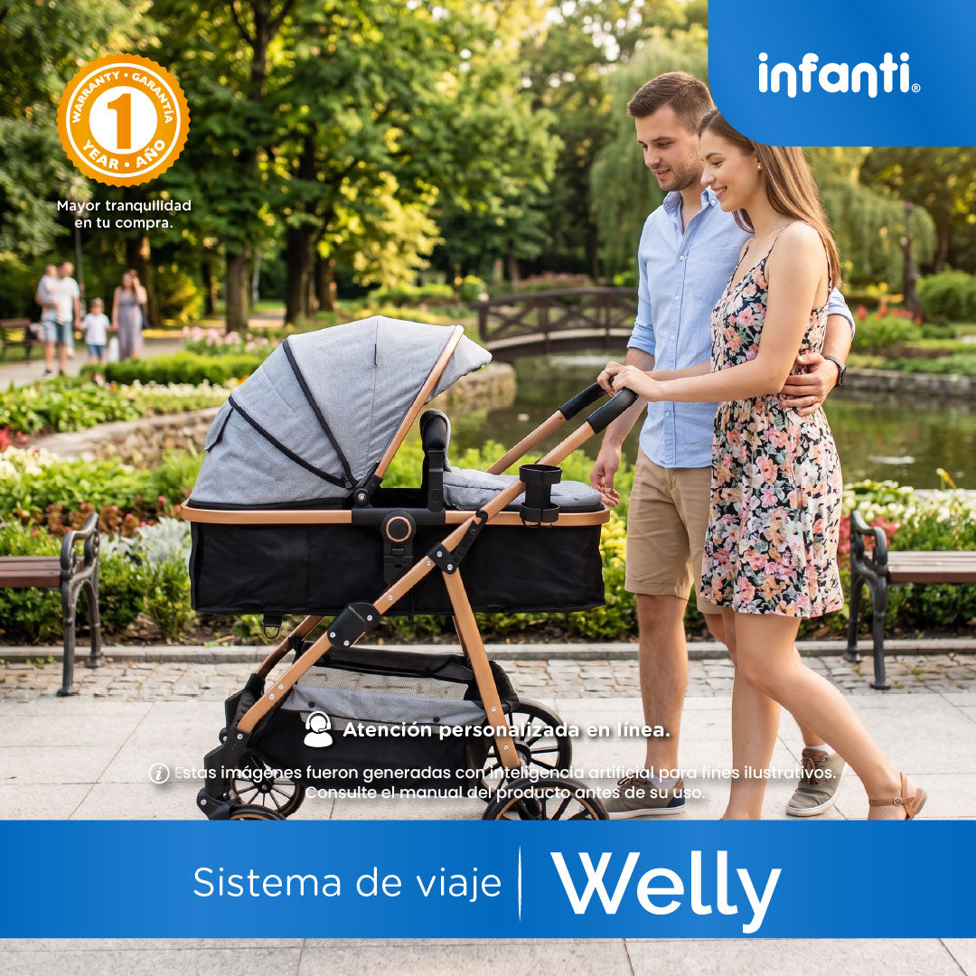 Carriola Sistema de Viaje Welly Convertible a Bambineto Negro con Portabebé Grupo0+, Asiento Reversible, Reclinado Ajustable, Arnés de 5 Puntos, Toldo Plegable, Cubrepiés y Canastilla Amplia para Bebé