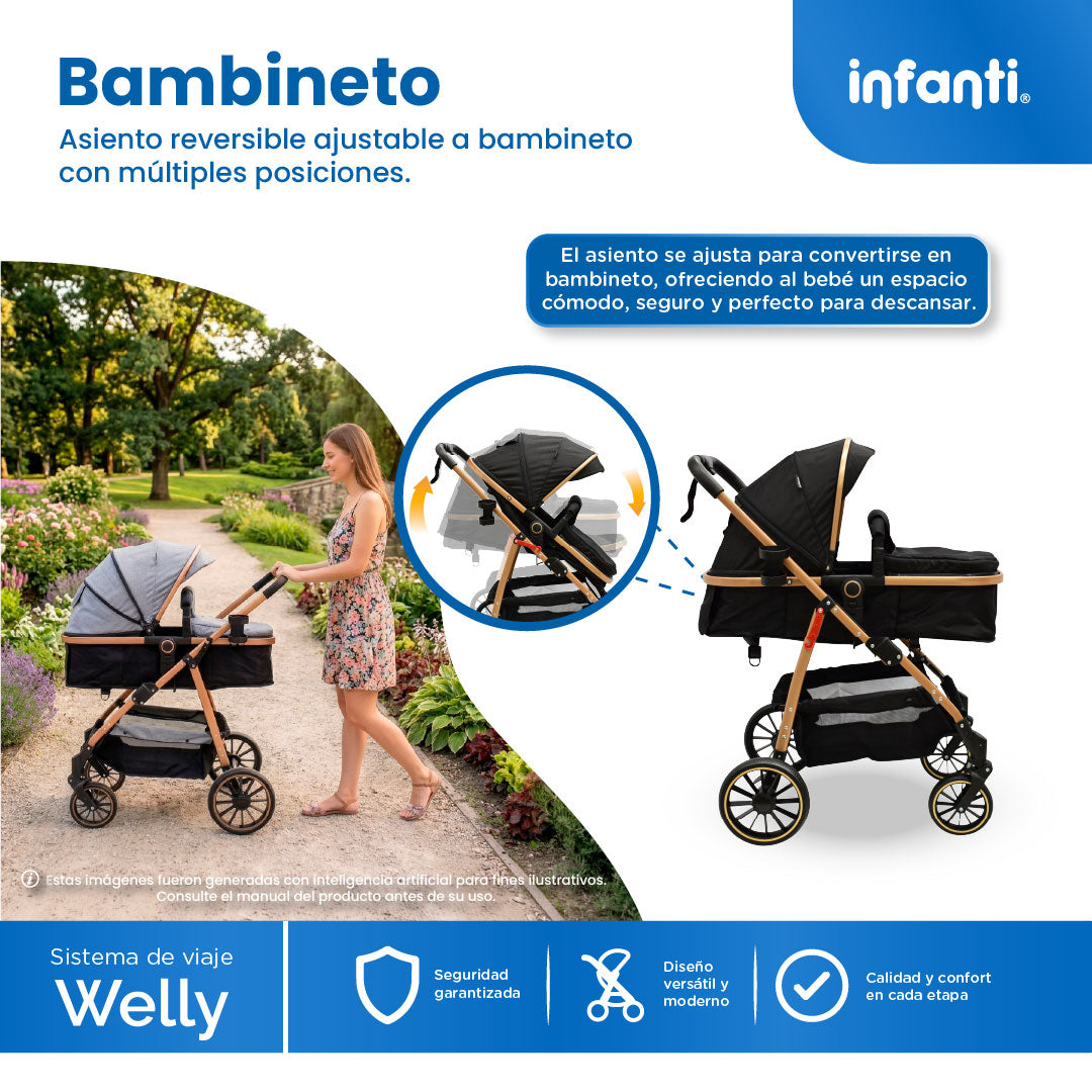 Carriola Sistema de Viaje Welly Convertible a Bambineto Negro con Portabebé Grupo0+, Asiento Reversible, Reclinado Ajustable, Arnés de 5 Puntos, Toldo Plegable, Cubrepiés y Canastilla Amplia para Bebé