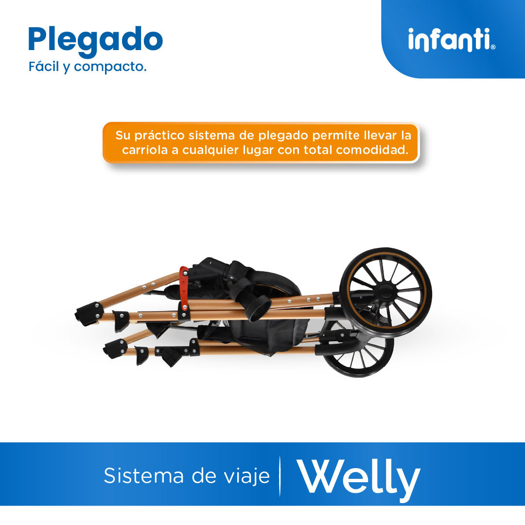 Carriola Sistema de Viaje Welly Convertible a Bambineto Negro con Portabebé Grupo0+, Asiento Reversible, Reclinado Ajustable, Arnés de 5 Puntos, Toldo Plegable, Cubrepiés y Canastilla Amplia para Bebé