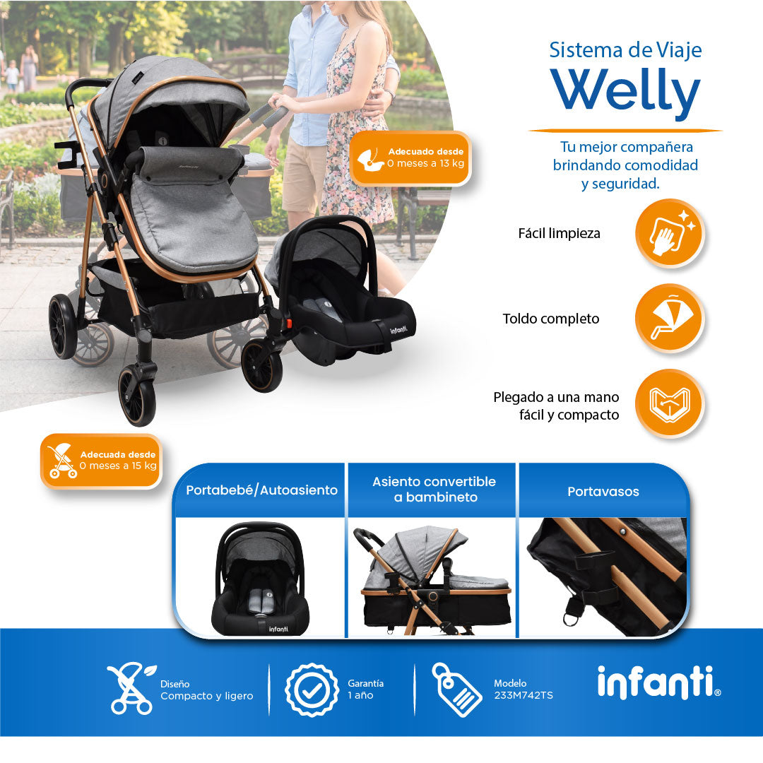 Carriola Sistema de Viaje Welly Convertible a Bambineto Negro con Portabebé Grupo0+, Asiento Reversible, Reclinado Ajustable, Arnés de 5 Puntos, Toldo Plegable, Cubrepiés y Canastilla Amplia para Bebé