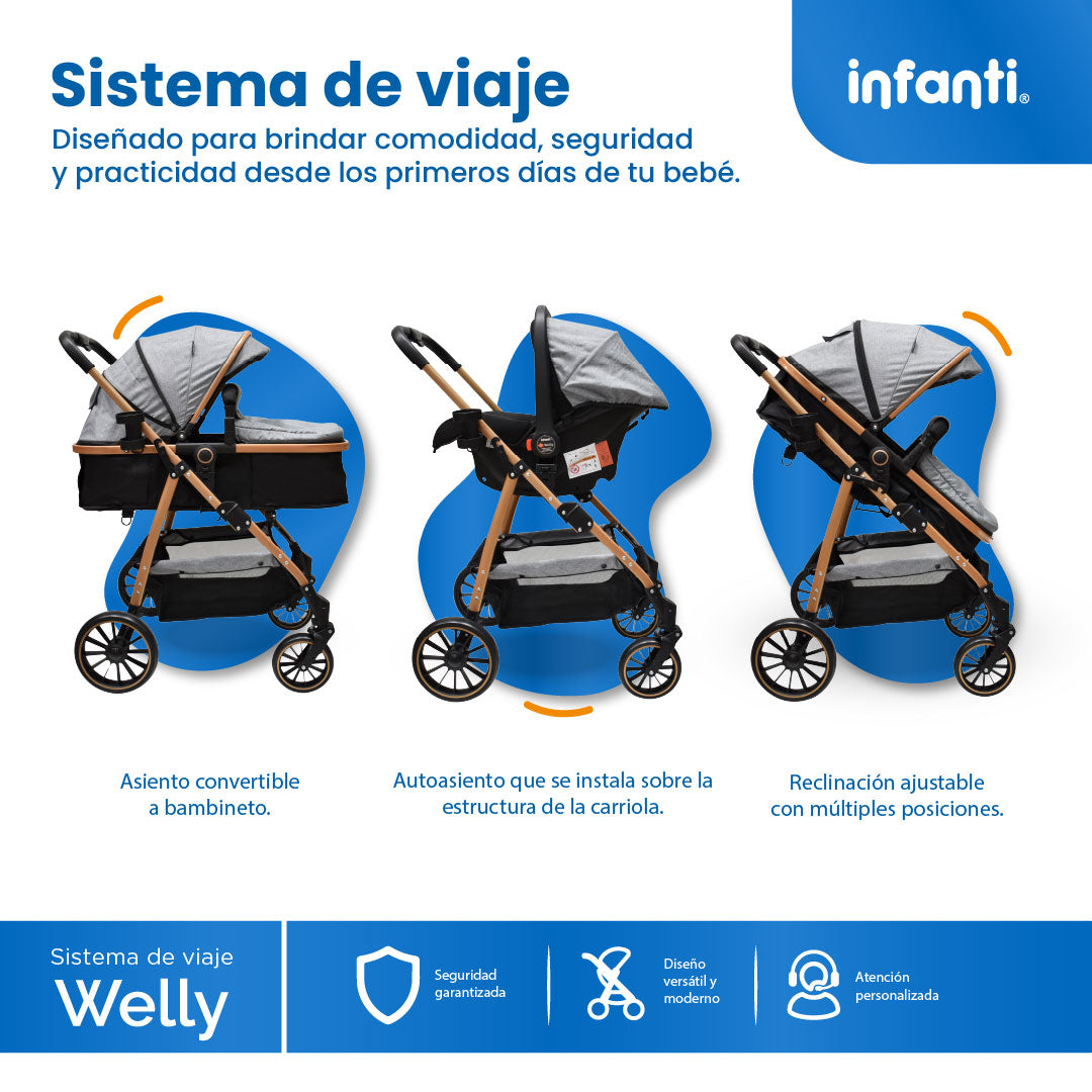 Carriola Sistema de Viaje Welly Convertible a Bambineto Negro con Portabebé Grupo0+, Asiento Reversible, Reclinado Ajustable, Arnés de 5 Puntos, Toldo Plegable, Cubrepiés y Canastilla Amplia para Bebé