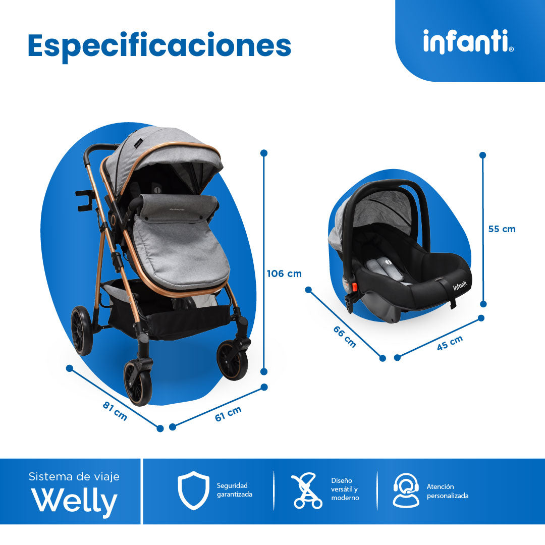 Carriola Sistema de Viaje Welly Convertible a Bambineto Negro con Portabebé Grupo0+, Asiento Reversible, Reclinado Ajustable, Arnés de 5 Puntos, Toldo Plegable, Cubrepiés y Canastilla Amplia para Bebé