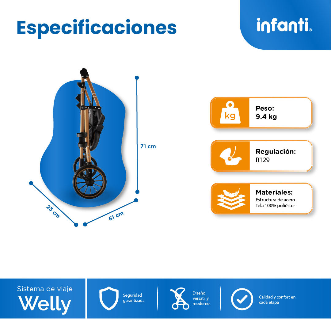 Carriola Sistema de Viaje Welly Convertible a Bambineto Negro con Portabebé Grupo0+, Asiento Reversible, Reclinado Ajustable, Arnés de 5 Puntos, Toldo Plegable, Cubrepiés y Canastilla Amplia para Bebé