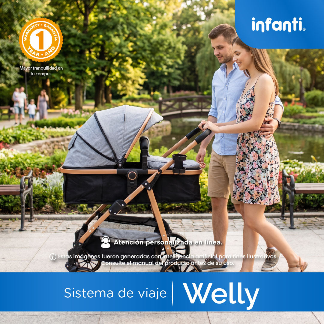 Carriola Sistema de Viaje Welly Convertible a Bambineto Negro con Portabebé Grupo0+, Asiento Reversible, Reclinado Ajustable, Arnés de 5 Puntos, Toldo Plegable, Cubrepiés y Canastilla Amplia para Bebé