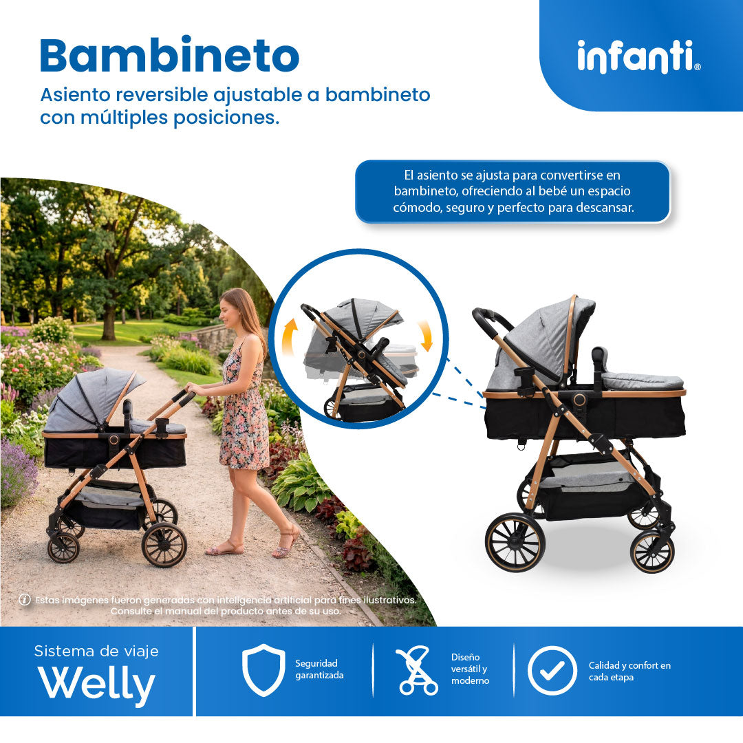 Carriola Sistema de Viaje Welly Convertible a Bambineto Negro con Portabebé Grupo0+, Asiento Reversible, Reclinado Ajustable, Arnés de 5 Puntos, Toldo Plegable, Cubrepiés y Canastilla Amplia para Bebé