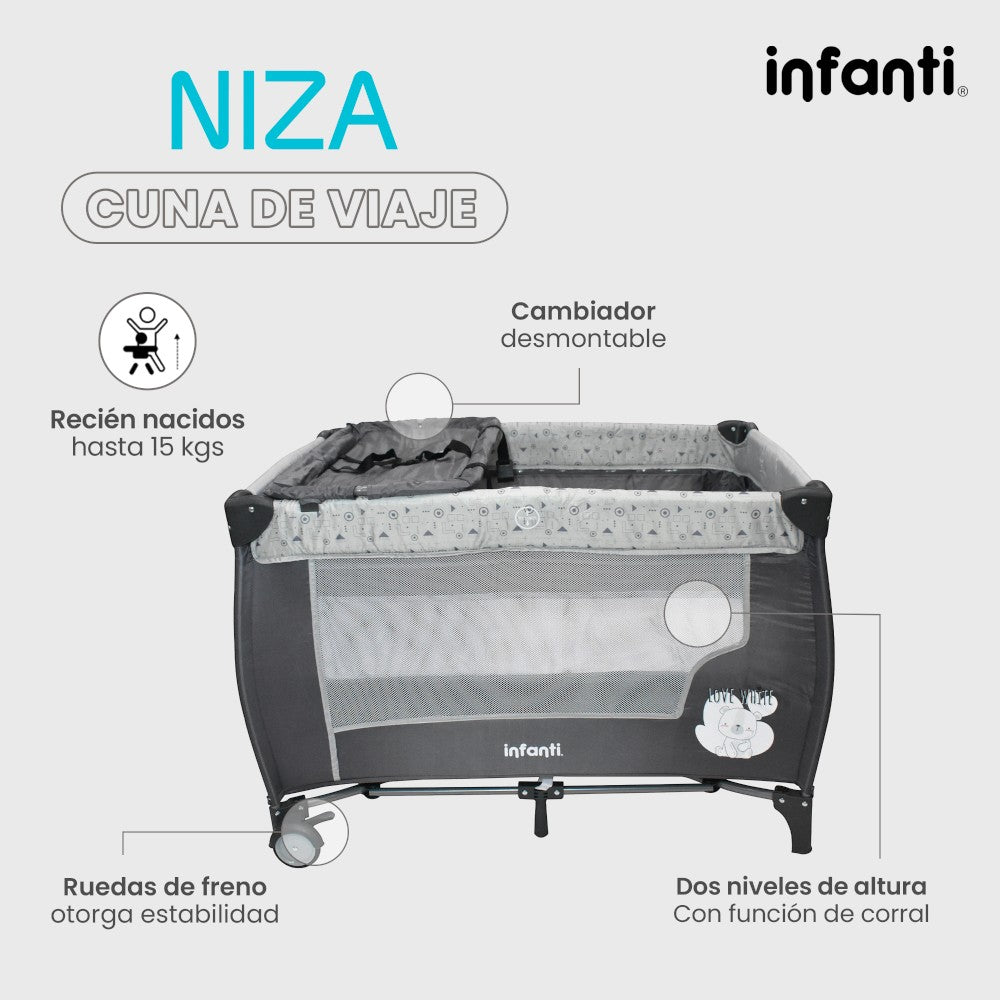 Cuna De Viaje Para Bebé Tipo Corral Niza Color Gris