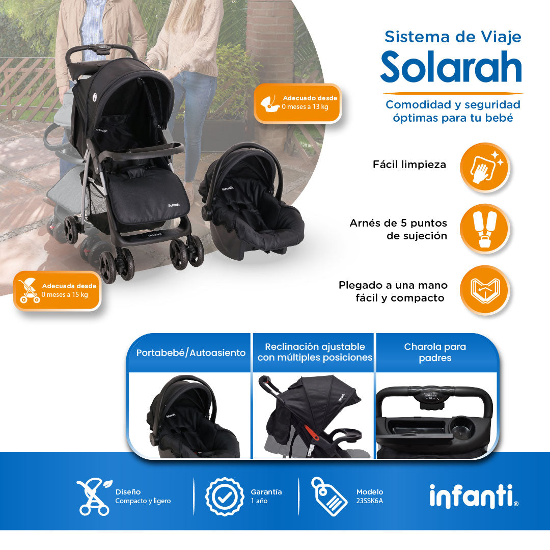 Carriola Travel System Solarah Con Portabebé Grupo 0+ y Plegado a Una Mano