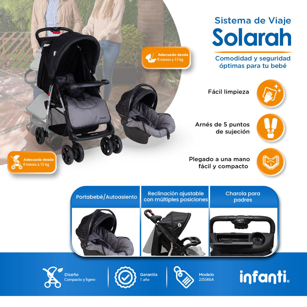 Carriola Travel System Solarah Con Portabebé Grupo 0+ y Plegado a Una Mano