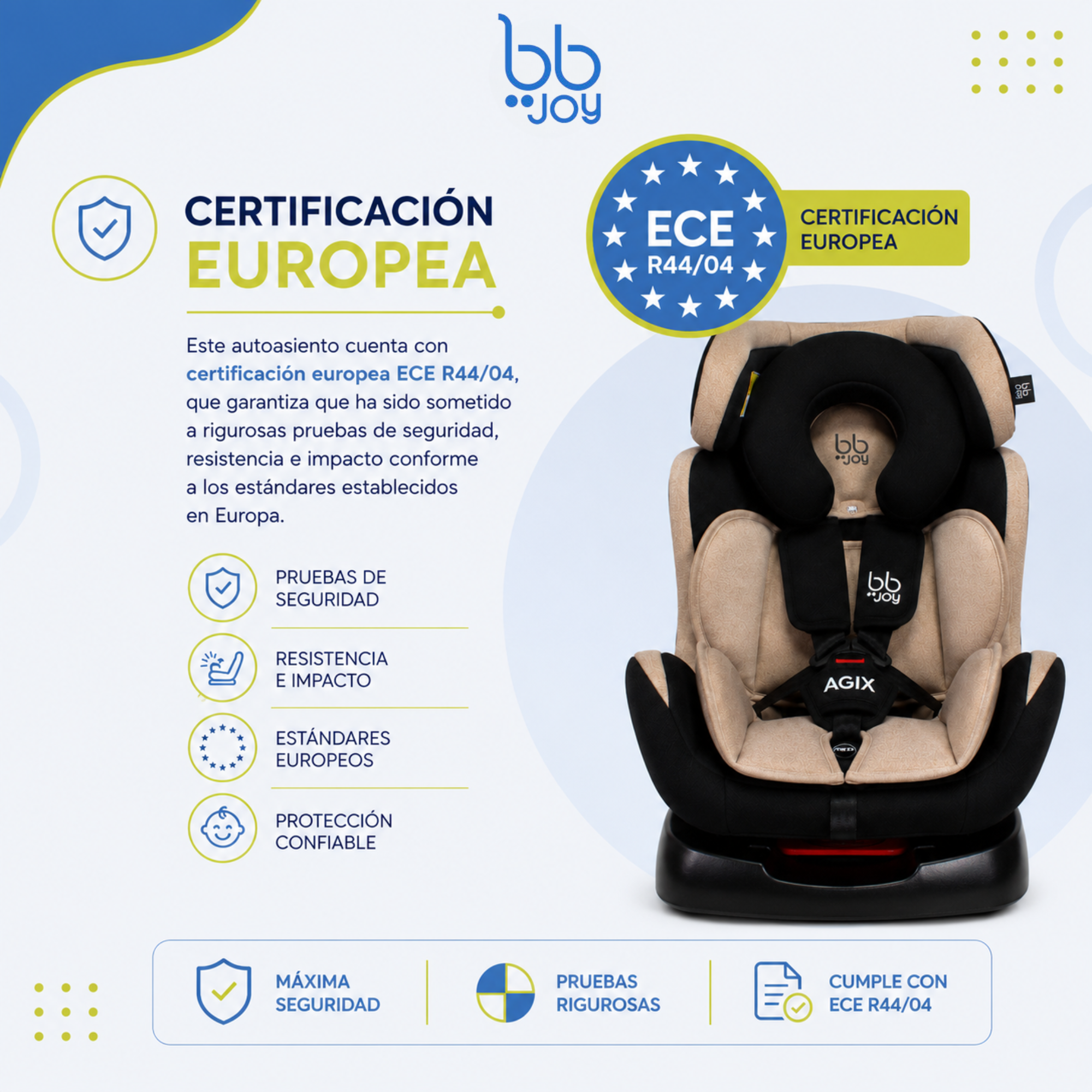 Autoasiento Evolutivo Agix Beige Con Negro De Recién Nacido Hasta 25 kg, Reclinable, Arnés de 5 Puntos, Acolchado, Funda Lavable, Instalación Reversa y Frontal, Certificación ECE R44/04, Bb Joy