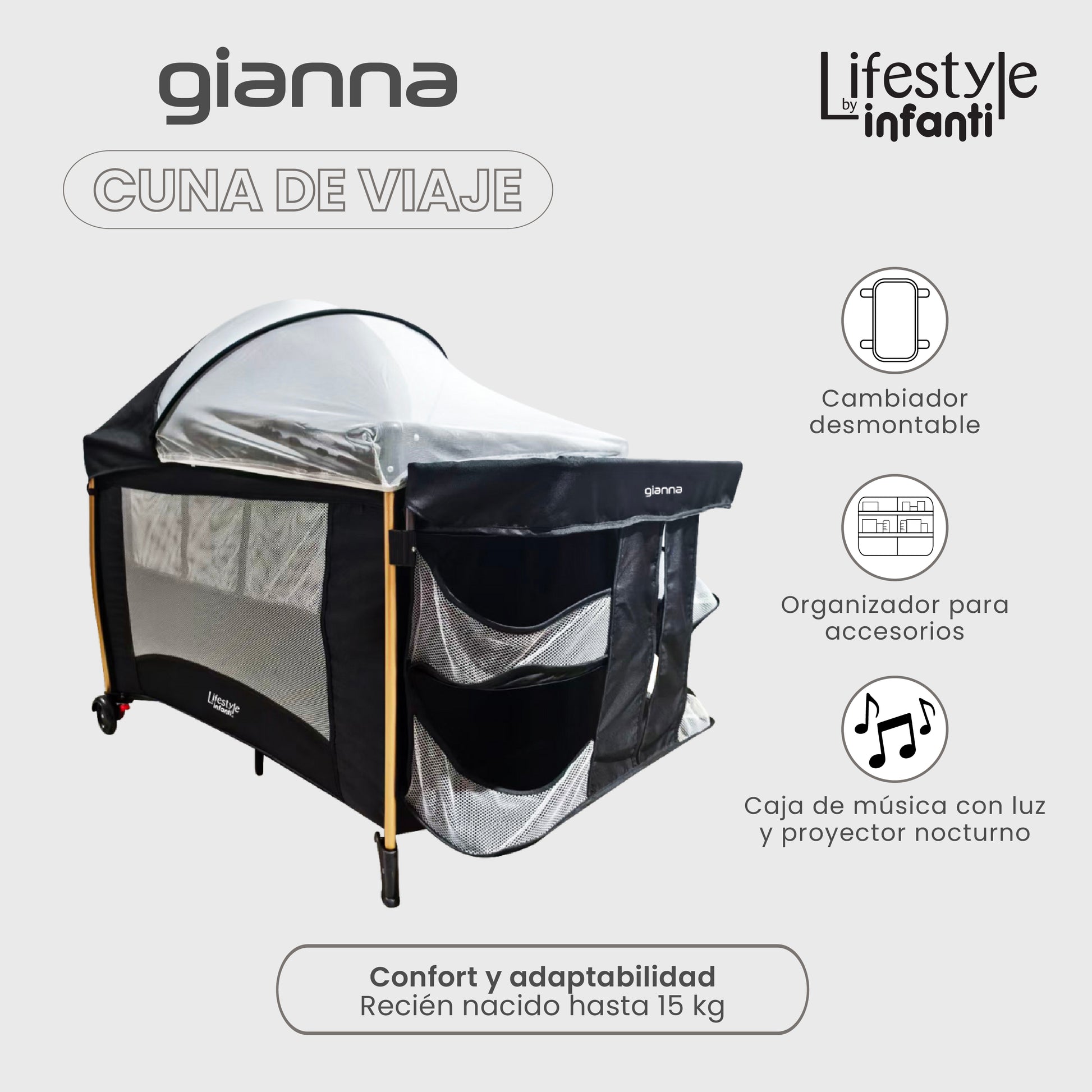 Cuna De Viaje Gianna 2 En 1 Con Cambiador Desmontable Portable