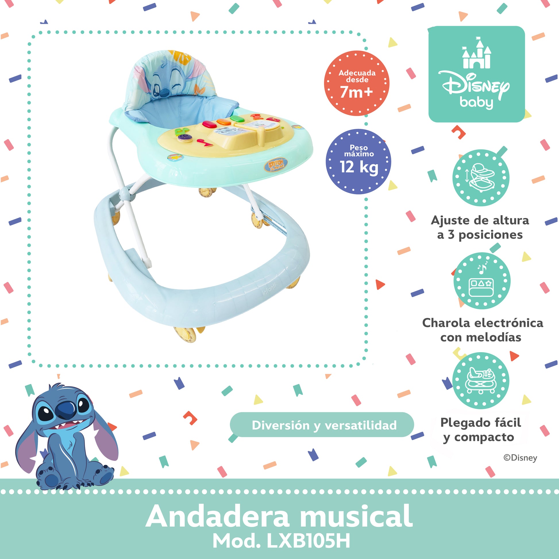 Andadera Musical Para Bebé Stitch Disney Baby Altura Ajustable
