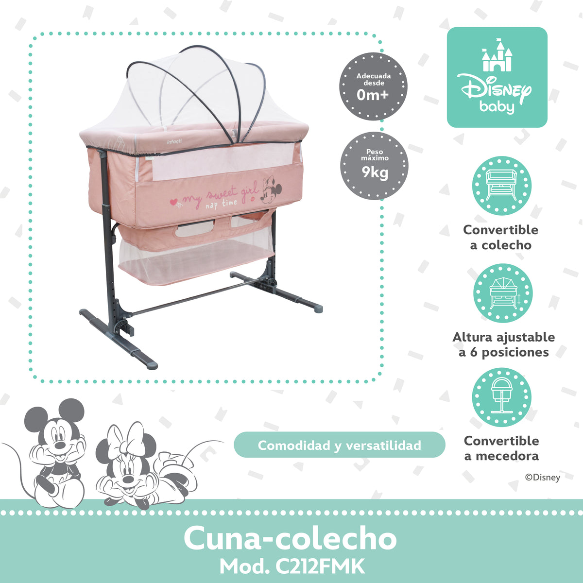 Colecho Disney Con Panel Lateral Abatible y 6 Posiciones de Altura
