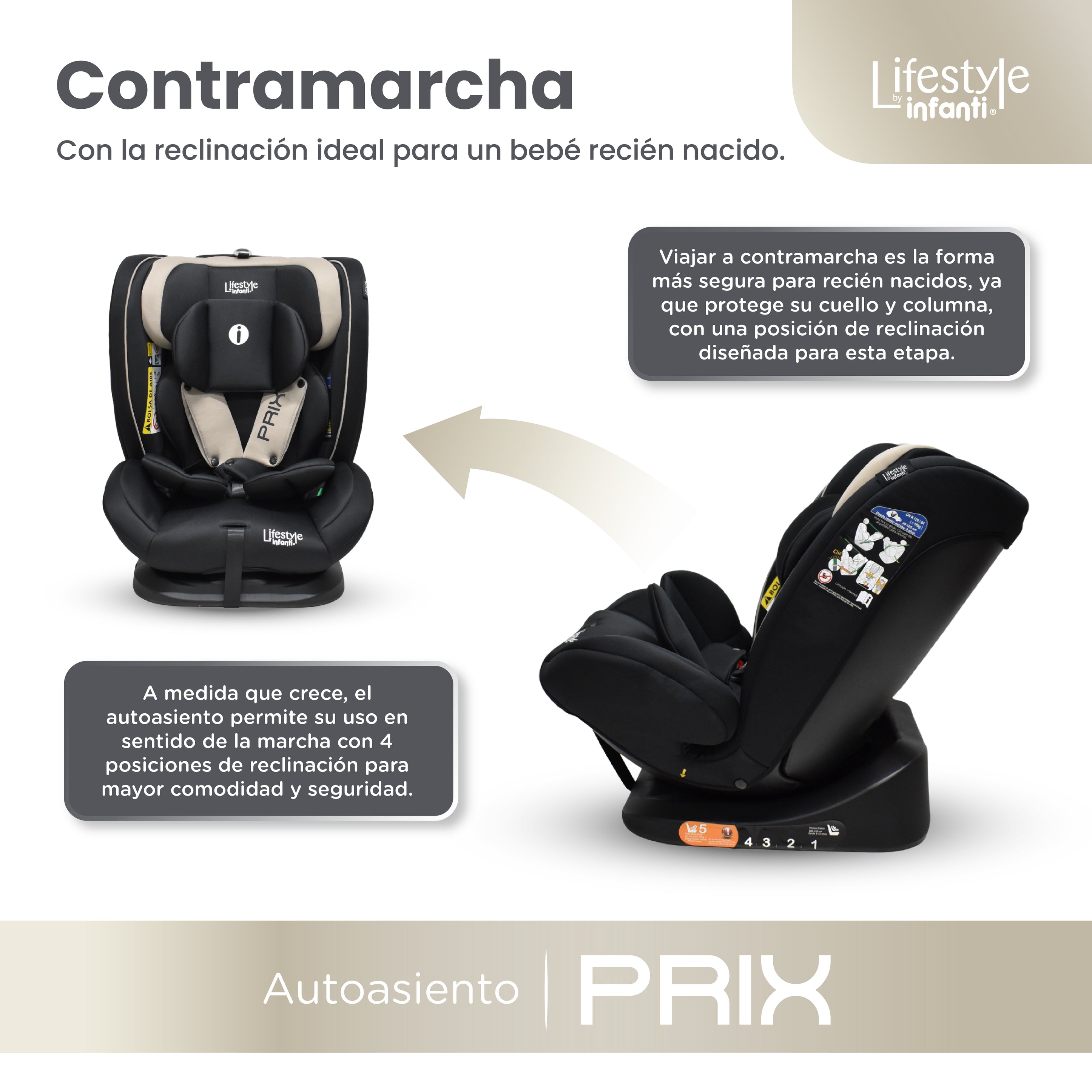 Autoasiento Reclinable Prix Con Soporte Desmontable Para La Cabeza Arnés De Seguridad De 5 Puntos Aprobado Por La Regulación R129 (i-Size) Edad Recomendada 0 a 12 años Lifestyle By Infanti