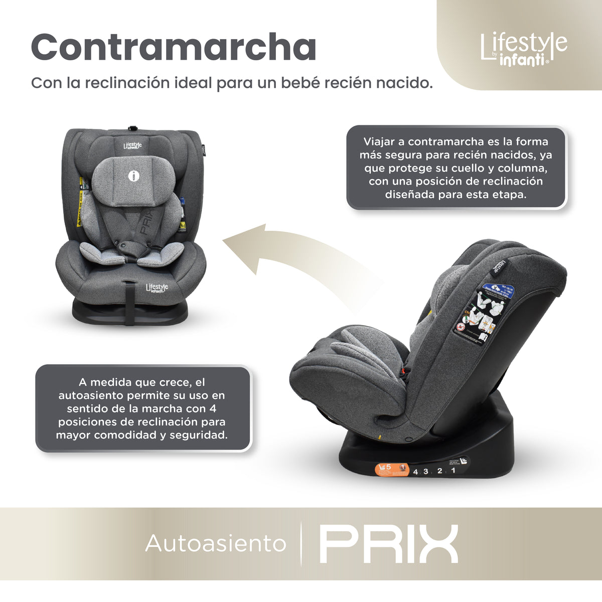 Autoasiento Reclinable Prix Con Soporte Desmontable Para La Cabeza Arnés De Seguridad De 5 Puntos Aprobado Por La Regulación R129 (i-Size) Edad Recomendada 0 a 12 años Lifestyle By Infanti