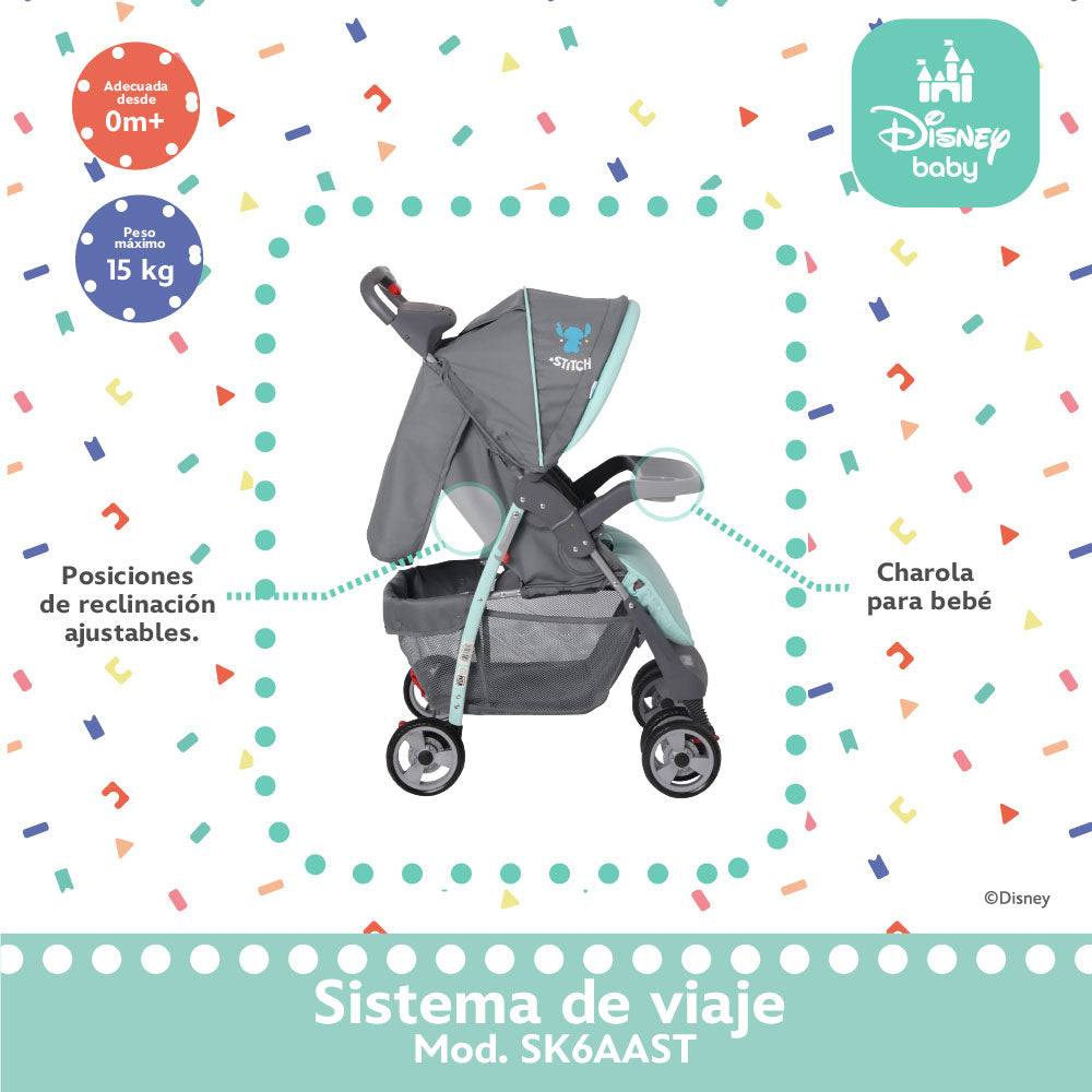 Carriola Travel System Disney, Mickey, Minnie, Stitch, Con Portabebé Y Charola, Infanti