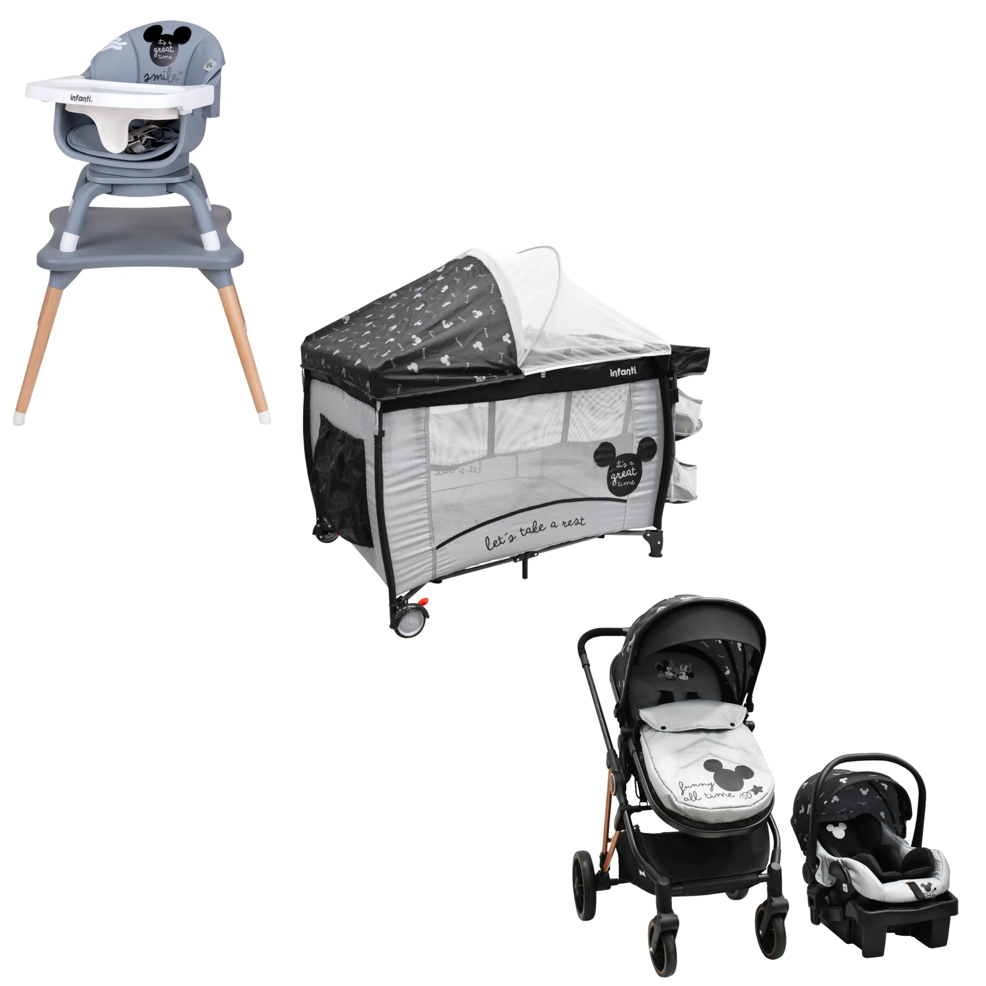 Set Carriola Con Sistema De Viaje Cuna Colecho y Silla Alta Disney Expressions Mickey Gris
