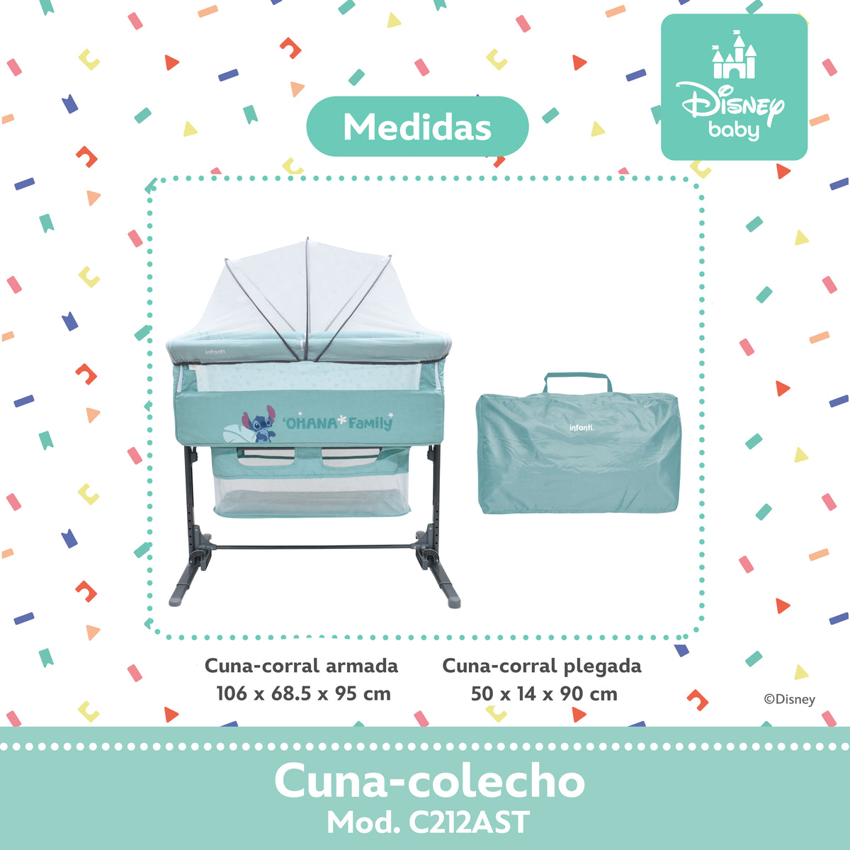 Colecho Disney Con Panel Lateral Abatible y 6 Posiciones de Altura