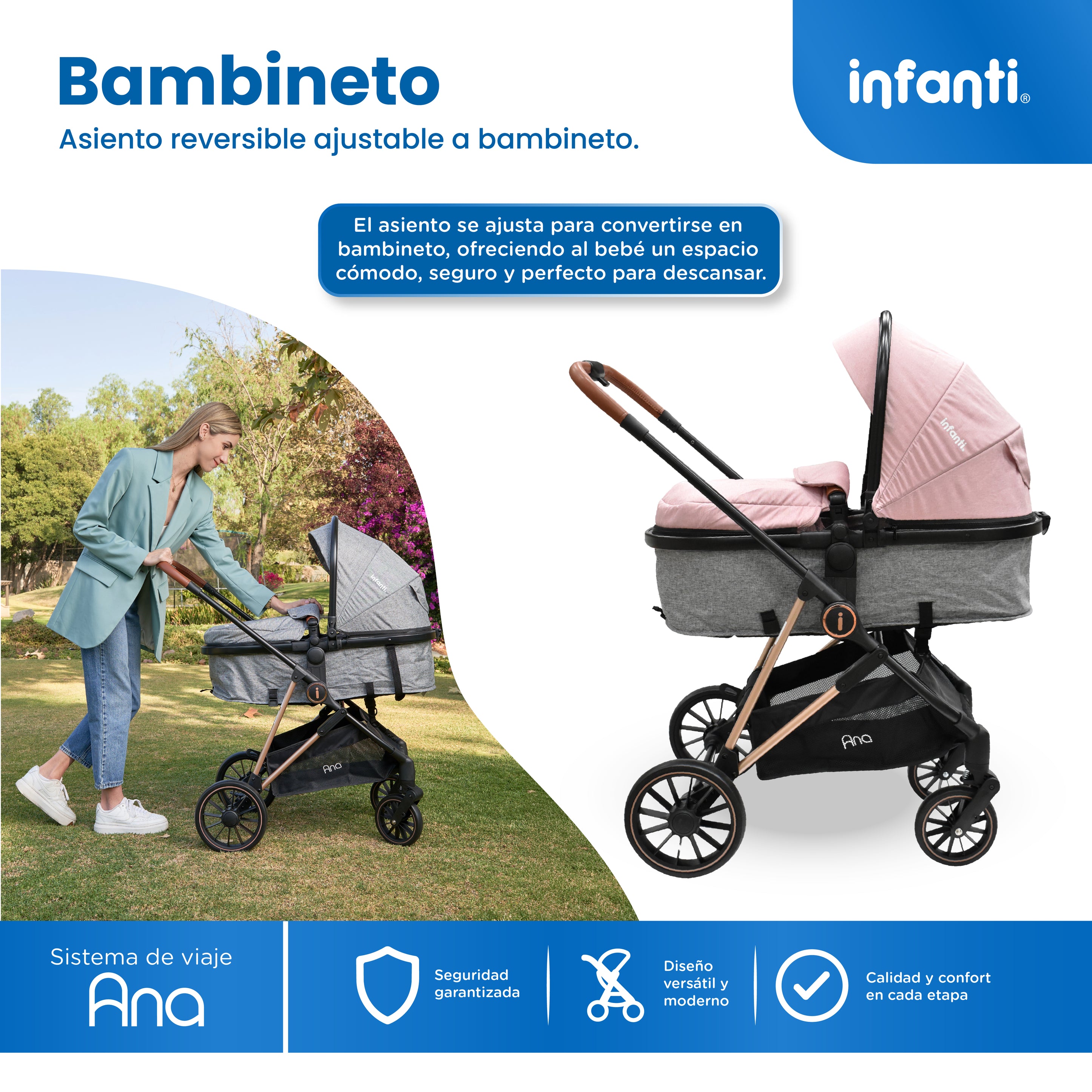 Carriola Travel System Ana Asiento Reversible Convertible en Bambineto, Portabebé Autoasiento y Base, Plegado Compacto, Arnés de 5 Puntos, Toldo con Ventanilla, Cubrepiés y Canastilla Infanti